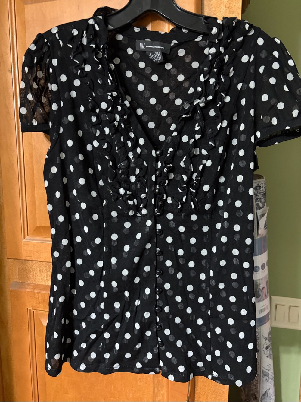 INC International Concepts Black and White Polka Dot Ruffle Button-Front Blouse